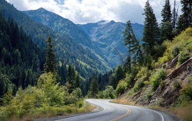 Winding mountain road through lush forest