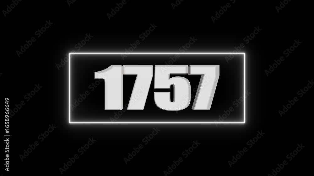 Poster white 3d number 1757 in a neon light frame on black background three dimensional numeral