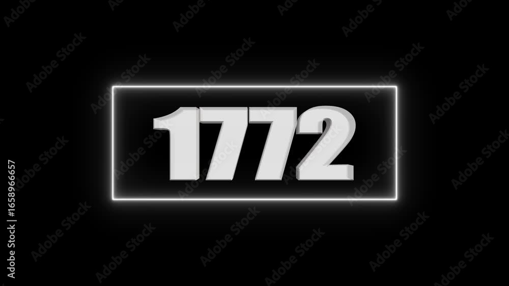 Poster white 3d number 1772 in a neon light frame on black background three dimensional numeral