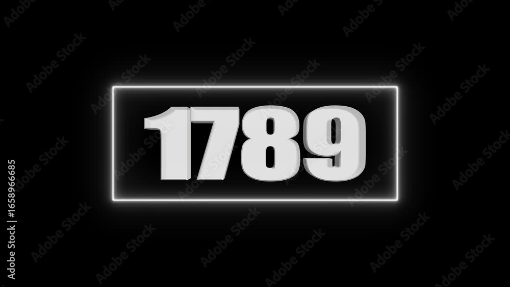 Poster white 3d number 1789 in a neon light frame on black background three dimensional numeral