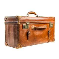 Vintage leather suitcase with worn edges and brass hardware, perfect for travel or decoration. This classic piece adds character to any space