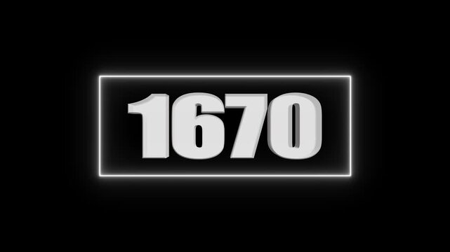White 3D Number 1670 Inside Neon Rectangle Frame on Black Background numeral digit