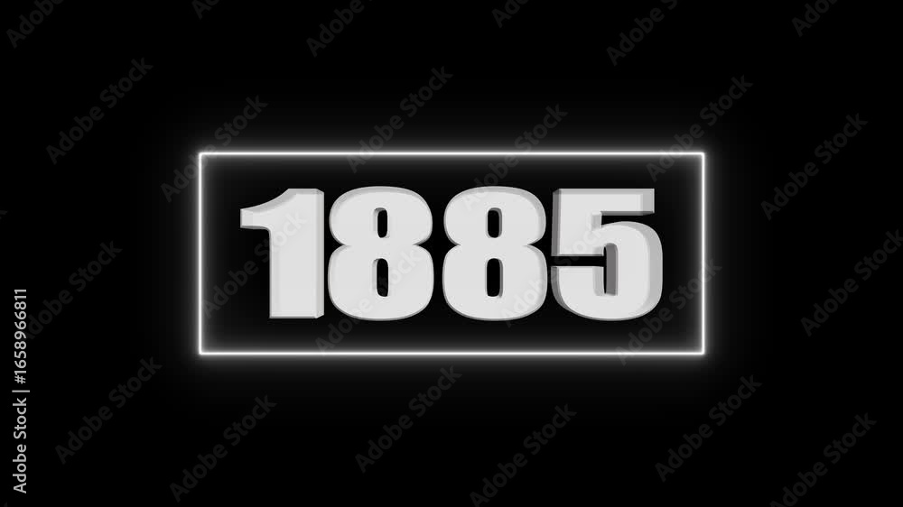 Poster white 3d number 1885 in glowing neon rectangle frame on black background year numeral