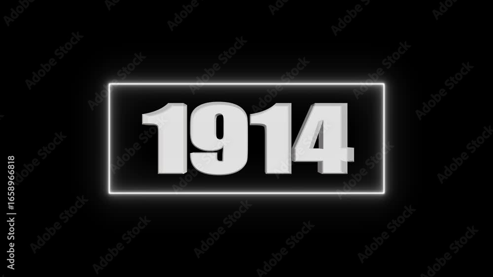 Poster white 3d number 1914 in glowing neon rectangle frame on black background year numeral