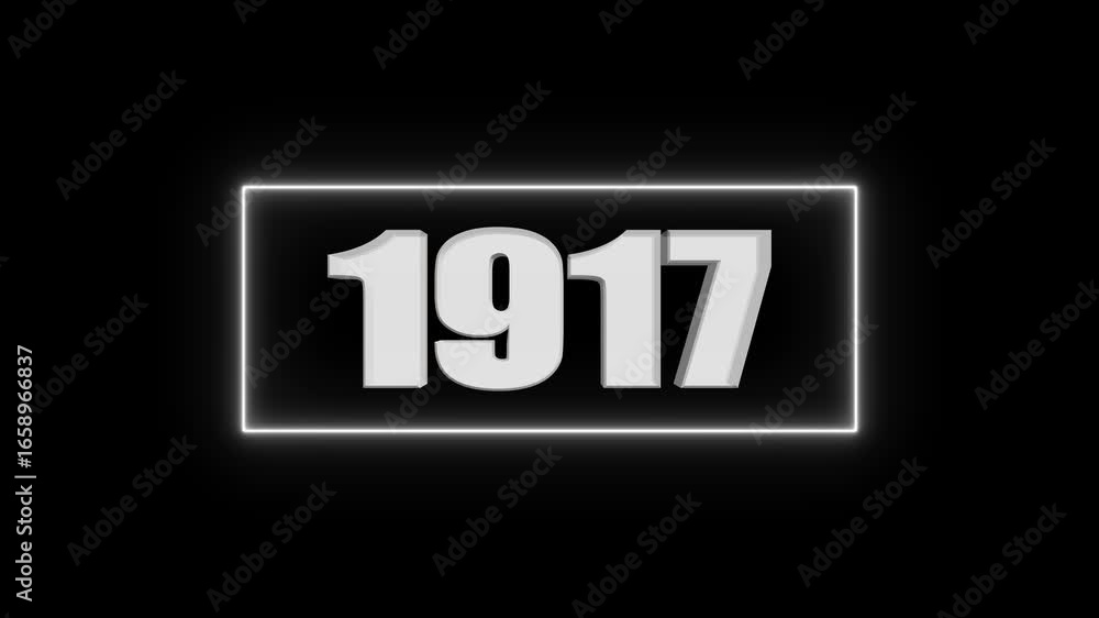 Poster white 3d number 1917 in glowing neon rectangle frame on black background year numeral