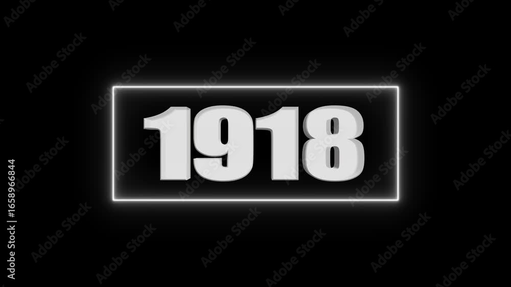 Poster white 3d number 1918 in glowing neon rectangle frame on black background year numeral
