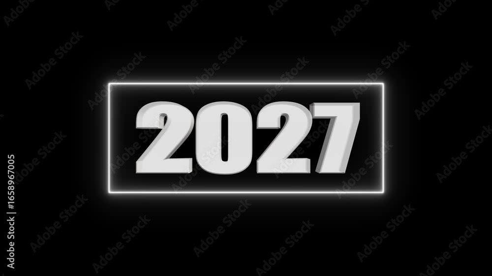 Poster white 3d number 2027 centered inside a glowing white rectangular neon border on a black background n