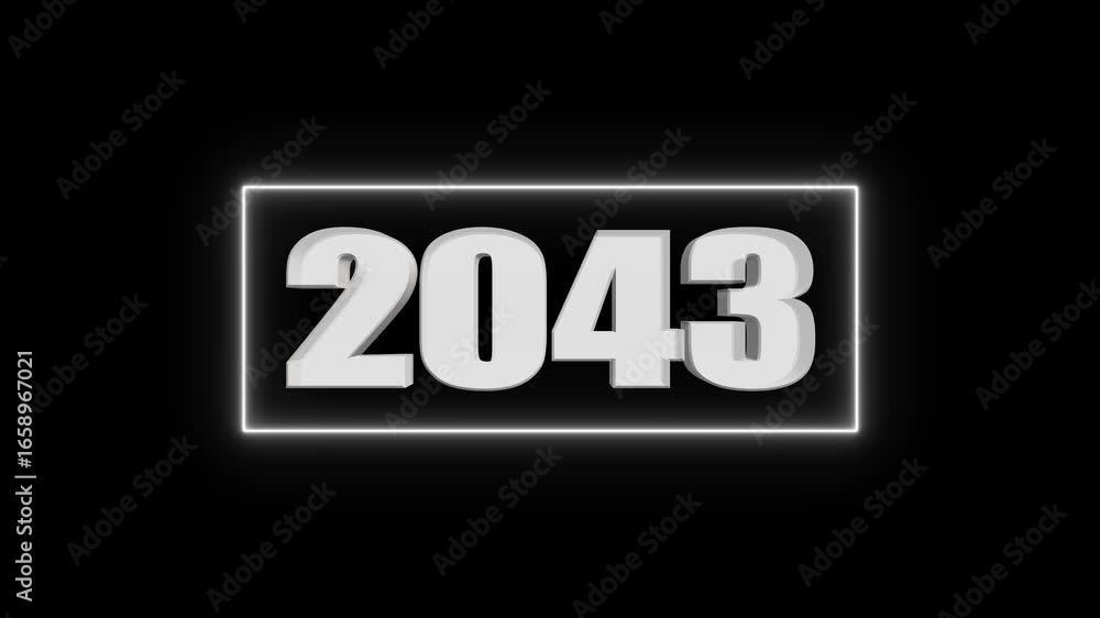 Poster white 3d number 2043 in a glowing white rectangular frame on a black background year future
