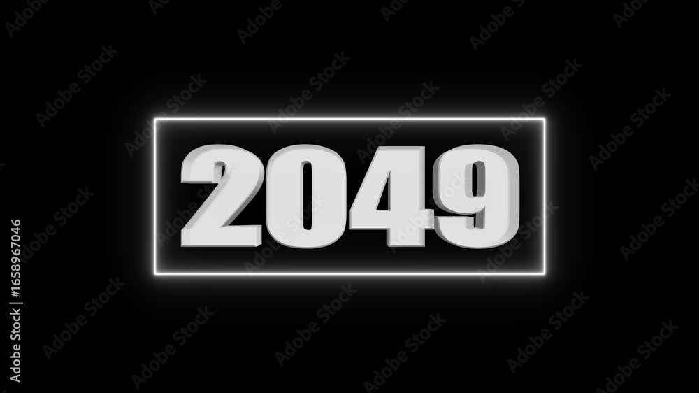 Poster white 3d number 2049 centered inside a glowing white rectangular neon border on a black background n