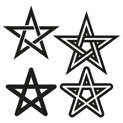 Pentagram stars symbols. Magic esoteric shapes. Vector black outlines. Geometric occult illustration.