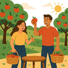 Young Couple Apple Picking in Orchard &ndash; Flat Vector Illustration of Healthy Outdoor Lifestyle