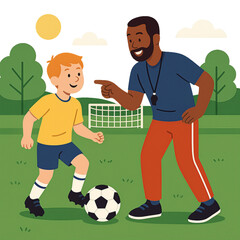Young Caucasian Boy Practicing Soccer with African American Coach &ndash; Flat Vector Illustration of Teamwork