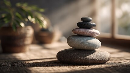Serene Stacked Stones: A Study in Balance and Tranquility near a Window