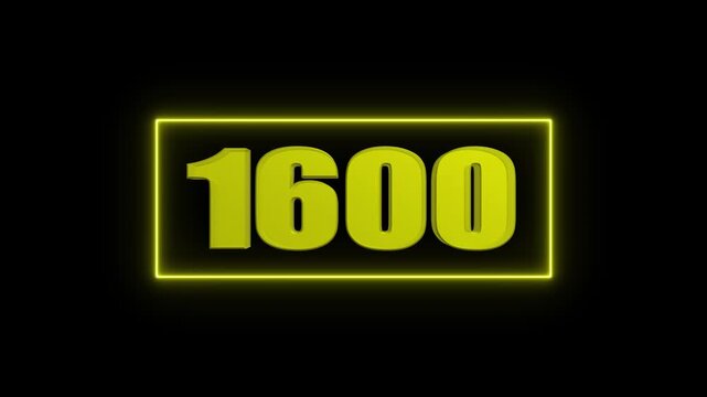 Yellow 3D Number 1600 Inside Neon Yellow Rectangle Against Black Background numeral digit