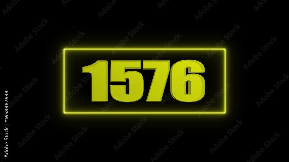 Poster yellow neon glowing rectangle with 3d number 1576 on black background digits numeral