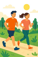 Young Couple Jogging Outdoors &ndash; Illustration of Healthy Lifestyle and Summer Fitness