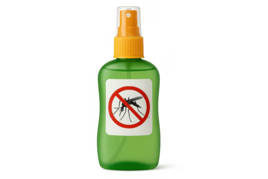 Green mosquito repellent spray bottle isolated on transparent background