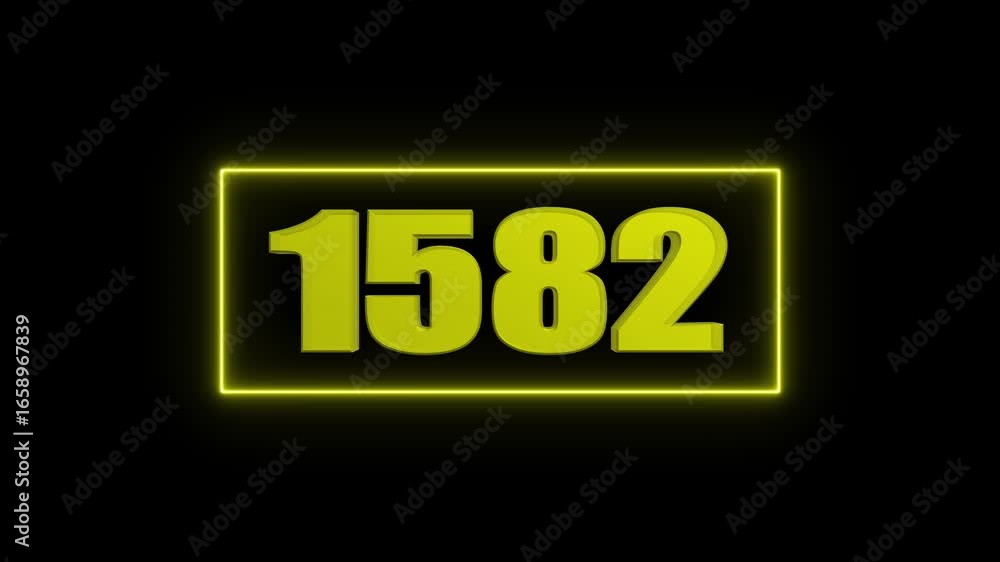 Poster yellow neon glowing rectangle with 3d number 1582 on black background digits numeral