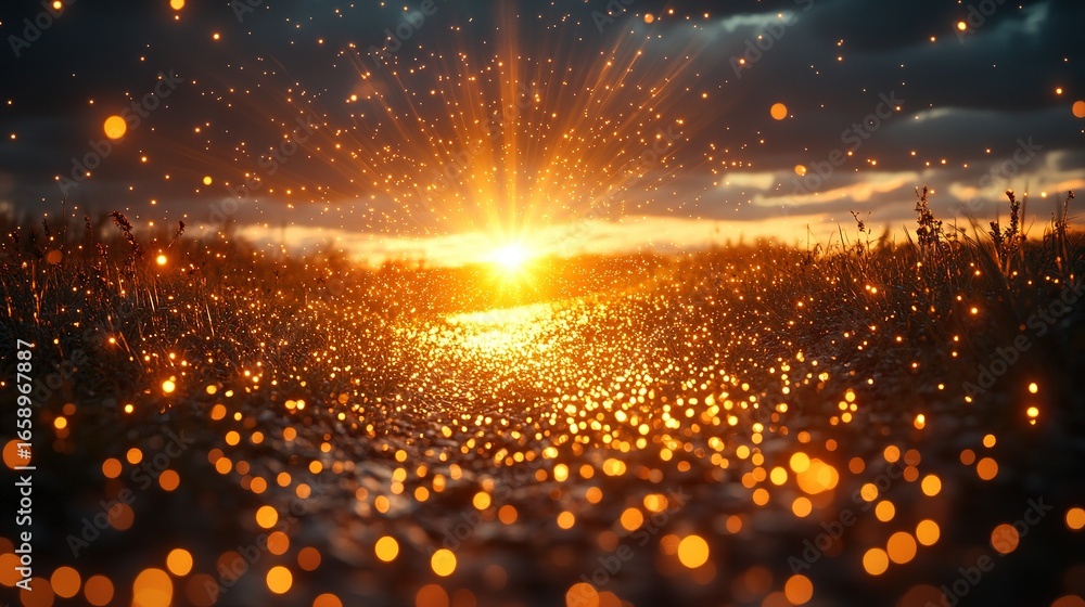 Poster abstract landscape with bright light source and bokeh effects over a dark background.