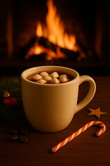 A cup of hot chocolate near a fireplace during christmas