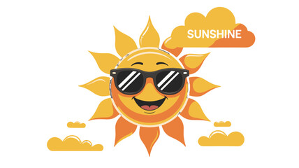 Smiling sun in sunglasses with clouds around it.