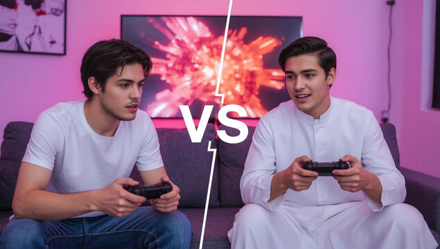 Video Game Battle Two Young Men Competing in a Video Game Match
