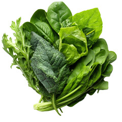 Fresh leafy greens including spinach, kale, and arugula arranged beautifully, showcasing vibrant colors and textures, perfect for healthy meals and salads