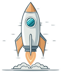 Obraz premium Cartoon Rocket Launching with Flames and Smoke for Space Exploration Concept Designs