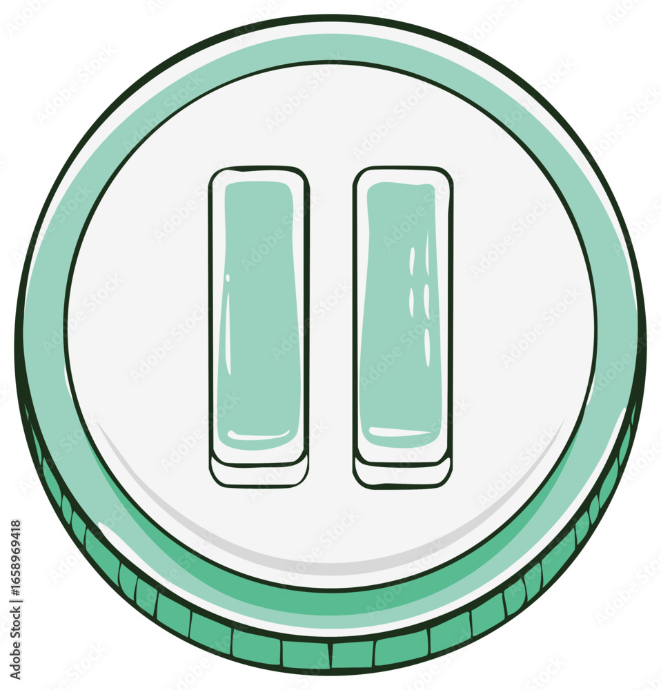 Poster hand drawn pause button icon in a mint green circle for multimedia control or stopping action
