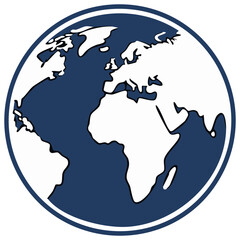 Stylized blue and white world map globe icon with Atlantic Ocean view