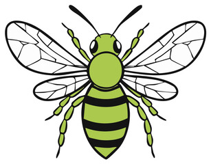 Obraz premium Symmetrical green striped wasp or bee illustration. Top view vector icon of a cartoon flying insect.