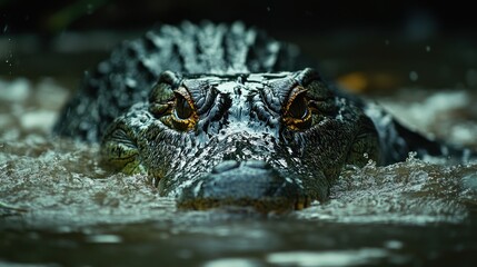 Obraz premium Close-up view of a large alligator swimming in murky water, staring directly at the viewer.
