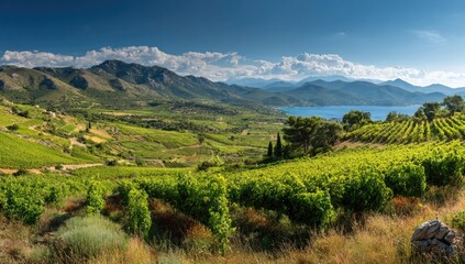 Obraz premium Panoramic view of lush vineyards and mountains