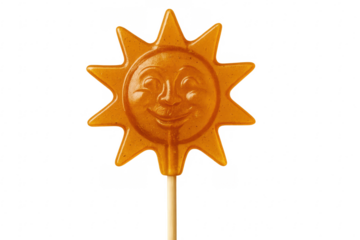 Orange lollipop with smiling sun face on transparent background