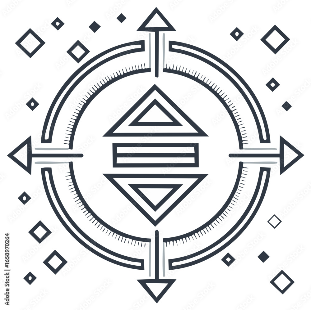 Poster abstract navigation symbol with upward downward arrows and directional pointers. modern geometric de