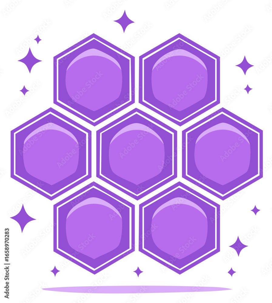 Poster array of purple hexagons with sparkling stars and a purple curve at the bottom