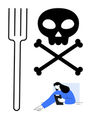 Large fork, skull and crossbones symbol, and a woman pointing while holding a clipboard. Ideal for food safety, health risks, caution, danger, inspection, regulation simple landing page