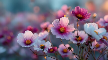 Obraz premium Vibrant cosmos flowers with morning dew drops, creating a stunning, natural floral scene