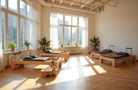 Bright airy pilates studio with wooden floors, urban views through large windows, high-end fitness equipment. Natural light fills room creating serene wellness atmosphere, perfect for exercise, - Powered by Adobe