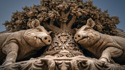Detailed stone sculpture featuring two reclining pigs with a central tree design