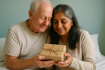 elderly couple holding wrapped gift together, expressing love, gratitude, and happiness in intimate indoor setting