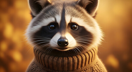 Captivating close-up portrait of a fluffy raccoon wearing a cozy knitted sweater against a warm, bokeh-filled backdrop evoking a sense of autumnal charm and whimsical animal anthropomorphism
