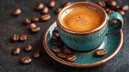 A cup of espresso sits on a saucer surrounded by scattered roasted coffee beans on a dark surface.