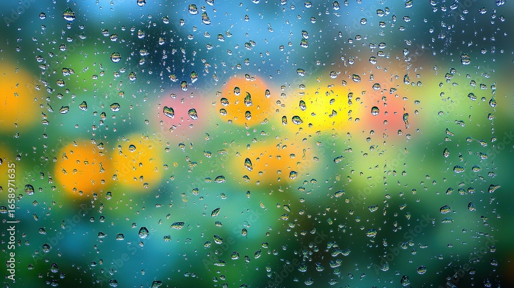 Poster raindrops on glass with blurred colorful background creating an abstract effect.