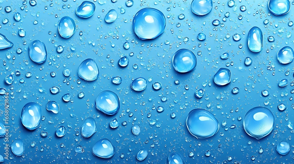 Poster Water droplets on a light blue surface creating a wet textured pattern.