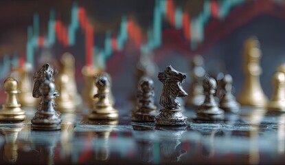 Chess pieces on a board, financial chart in background