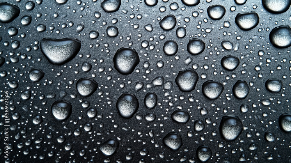 Poster water droplets on a dark gray surface creating an abstract pattern.