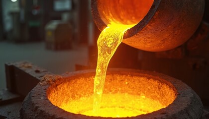 Molten metal cascades into crucible in industrial foundry. Liquid gold glows with intense heat, showing viscous flow of metal during manufacturing. Close-up detail captures power, energy of