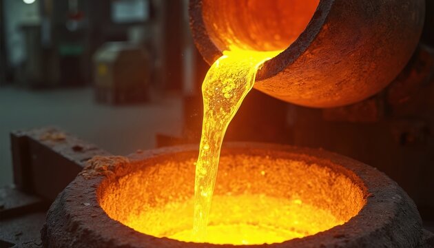 Molten metal cascades into crucible in industrial foundry. Liquid gold glows with intense heat, showing viscous flow of metal during manufacturing. Close-up detail captures power, energy of