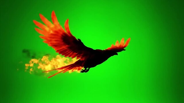 Mythical phoenix bird with burning wings flying across a green screen with a trail of fire and smoke.